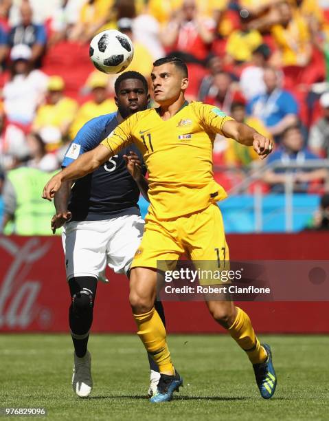 Andrew Nabbout of Australia controls the ball during the 2018 FIFA World Cup Russia group C match between France and Australia at Kazan Arena on June...