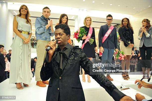 Miss J. Alexander speaks with celebrity guests on-stage at Miss J. Alexander's celebrity walk-off event and book signing at Holt Renfrew Bloor Street...