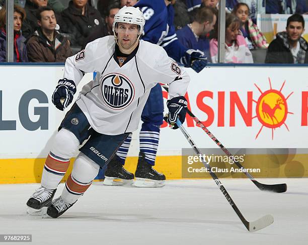 Sam Gagner of the Edmonton Oilers skates in a game against the Toronto Maple Leafs on March 13, 2010 at the Air Canada Centre in Toronto, Ontario.