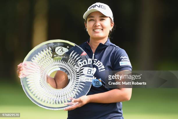 Ai Suzuki of Japan poses during the trophy presentation of the Nichirei Ladies at the Sodegaura Country Club Shinsode Course on June 17, 2018 in...