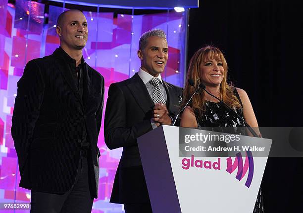 Nigel Barker, Jay Manuel, and Jill Zarin speak onstage at the 21st Annual GLAAD Media Awards at The New York Marriott Marquis on March 13, 2010 in...