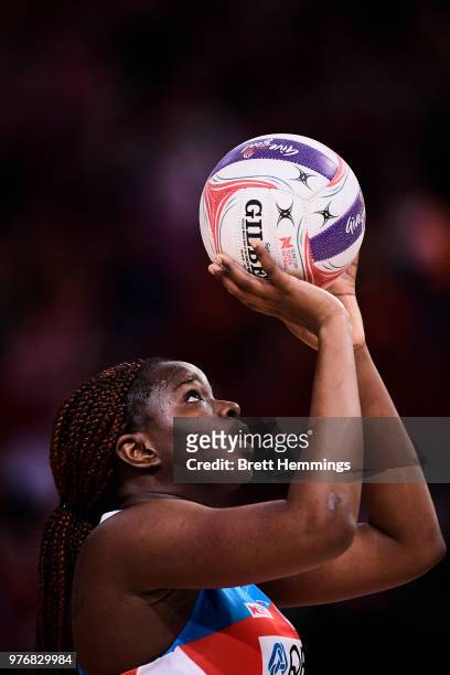 Sam Wallace of the Swifts shoots during the round seven Super Netball match between the Swifts and the Lightning at Qudos Bank Arena on June 17, 2018...