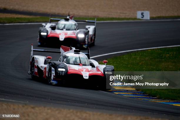The Toyota Gazoo Racing TS050 Hybrid of Mike Conway, Kamui Kobayashi, and Jose Maria Lopez leads The Toyota Gazoo Racing TS050 Hybrid of Sebastien...