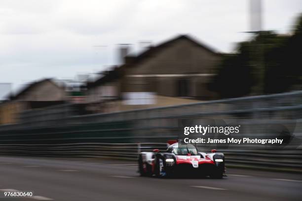 The Toyota Gazoo Racing TS050 Hybrid of Mike Conway, Kamui Kobayashi, and Jose Maria Lopez drives at the Le Mans 24 Hour race on June 16, 2018 in Le...