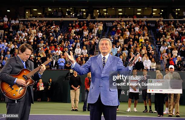 Tony Bennett sings during the BNP Paribas Open Hit for Haiti at the Indian Wells Tennis Garden on March 12, 2010 in Indian Wells, California.