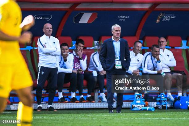 Guy Stephan assistant coach and Didier Deschamps head coach of France during the 2018 FIFA World Cup Russia group C match between France and...