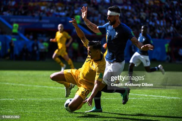 Trent Sainsbury of Australia and Olivier Giroud of France during the 2018 FIFA World Cup Russia group C match between France and Australia at Kazan...