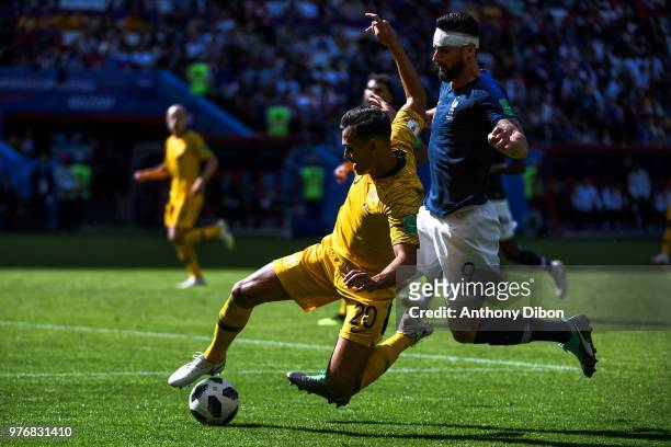 Trent Sainsbury of Australia and Olivier Giroud of France during the 2018 FIFA World Cup Russia group C match between France and Australia at Kazan...