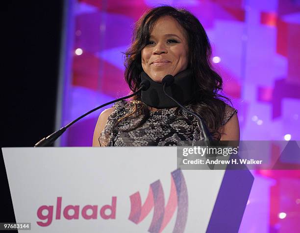 Rosie Perez speaks onstage at the 21st Annual GLAAD Media Awards at The New York Marriott Marquis on March 13, 2010 in New York City.