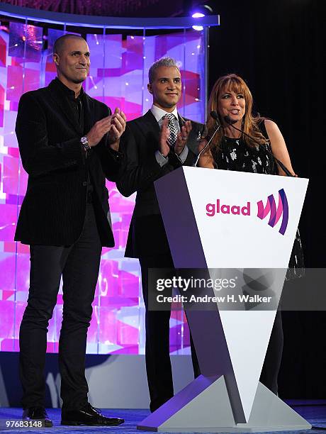 Nigel Barker, Jay Manuel, and Jill Zarin speak onstage at the 21st Annual GLAAD Media Awards at The New York Marriott Marquis on March 13, 2010 in...