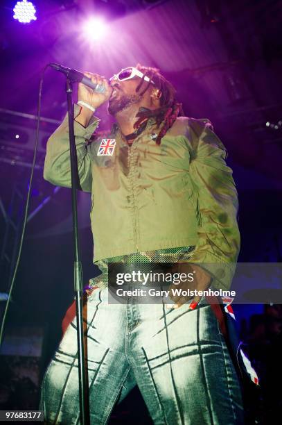 Benji Webbe of Skindred performs on stage during day three of Hammerfest at Pontins on March 13, 2010 in Prestatyn, Wales.