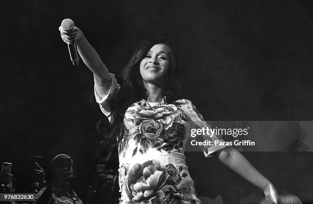 Cardi B performs on stage during Hot 107.9 Birthday Bash at Cellairis Amphitheatre at Lakewood on June 16, 2018 in Atlanta, Georgia.