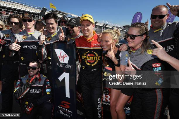 David Reynolds driver of the Erebus Penrite Racing Holden Commodore ZB celebrates after winning race 16 for the Supercars Darwin Triple Crown at...