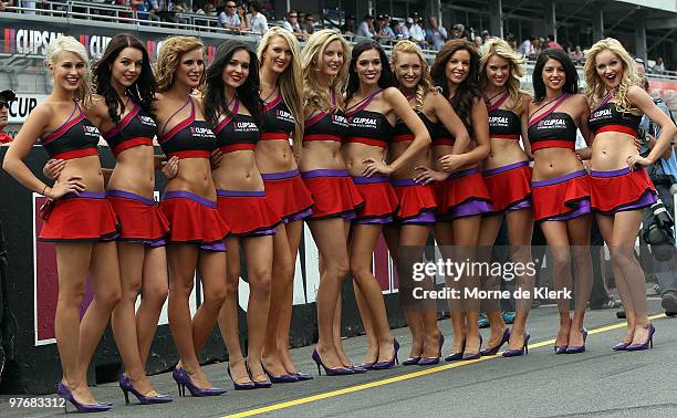 Grid girls pose before race two of the Clipsal 500, which is round three of the V8 Supercar Championship Series, on the Adelaide Street Circuit on...