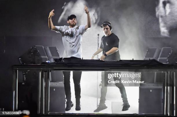 San Holo and Martin Garrix perform on the Backyard Stage during the 2018 Firefly Music Festival on June 16, 2018 in Dover, Delaware.