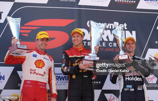 2nd place Scott McLaughlin driver of the Shell V-Power Racing Team Ford Falcon FGX, 1st place David Reynolds driver of the Erebus Penrite Racing...