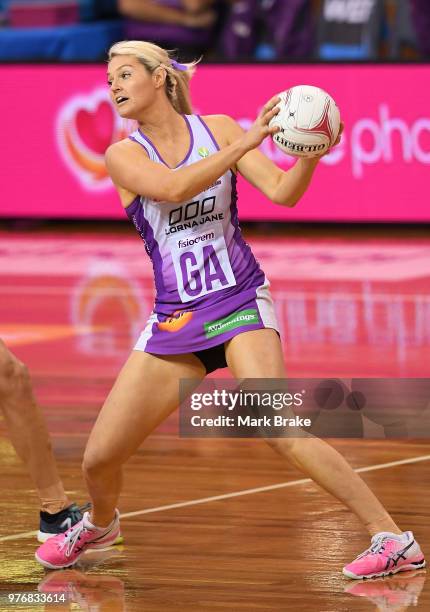 Gretel Tippett of the Firebirds during the round seven Super Netball match between the Thunderbirds and the Firebirds at Priceline Stadium on June...