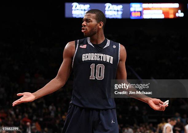 Greg Monroe of the Georgetown Hoyas reacts after a play against the West Virginia Mountaineers during the championship of the 2010 NCAA Big East...