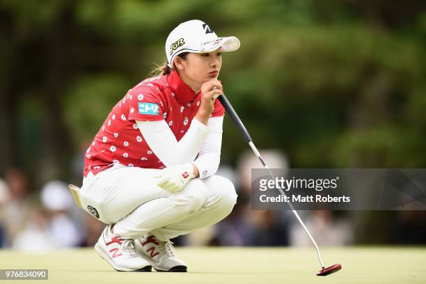Rei Matsuda of Japan prepares to putt on the 9th green during the final round of the Nichirei Ladies at the Sodegaura Country Club Shinsode Course on...