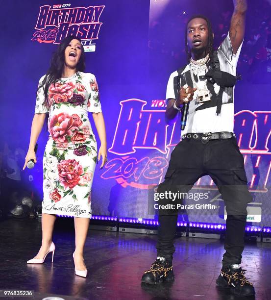 Cardi B and Offset of the Migos perform on stage during Hot 107.9 Birthday Bash at Cellairis Amphitheatre at Lakewood on June 16, 2018 in Atlanta,...