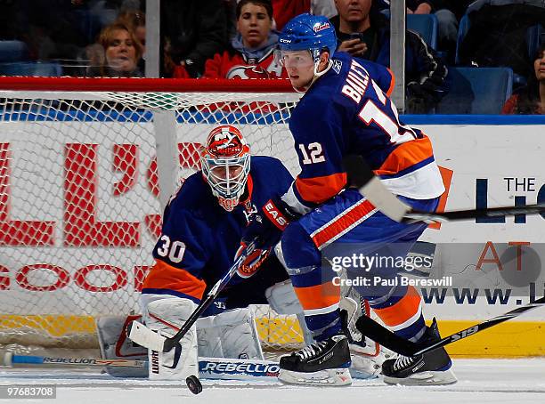 New York Islanders Josh Bailey takes the rebound after a save by Islanders goalie Dwayne Roloson in the second period of an NHL game at the Nassau...