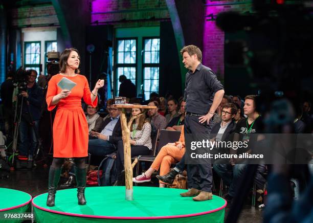 April 2018, Germany, Berlin: Annalena Baerbock and Robert Habeck, the chairmen of the German party Alliance 90/The Greens, speak during the opening...