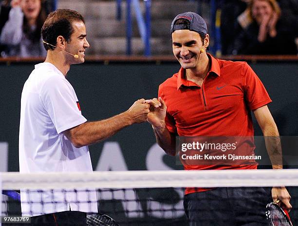 Former tennis player Pete Sampras and Roger Federer of Switzerland,during Hit for Haiti, a charity event during the BNP Paribas Open on March 12,...