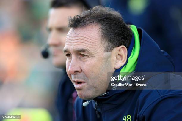 Ricky Stuart, Coach of the Raiders , during the round 15 NRL match between the Wests Tigers and the Canberra Raiders at Campbelltown Sports Stadium...