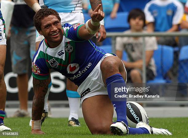 Manu Vatuvei of the Warriors celebrates after scoring a try during the round one NRL match between the Gold Coast Titans and the Warriors at Skilled...