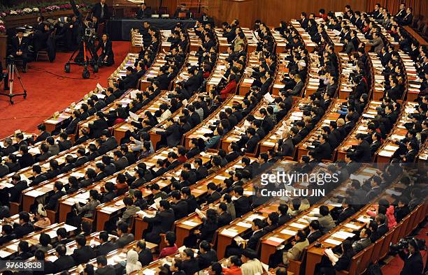 Delegates cast their votes during the closing session of the National People's Congress at the Great Hall of the People in Beijing on March 14, 2010....