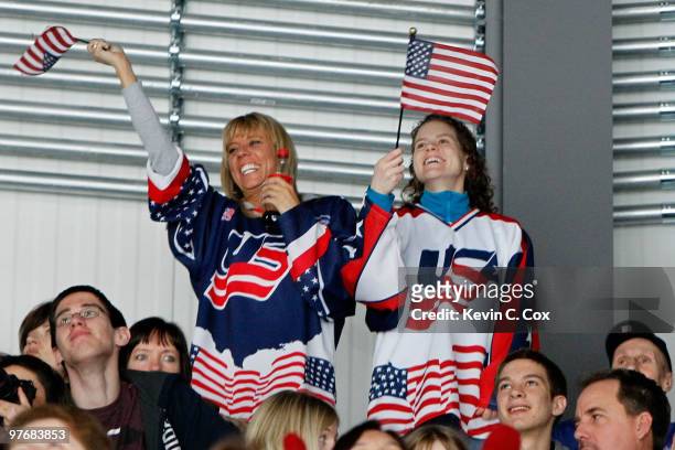 Fans cheer for team United States during the Ice Sledge Hockey Preliminary Round Group A Game between the United States and Korea on day two of the...