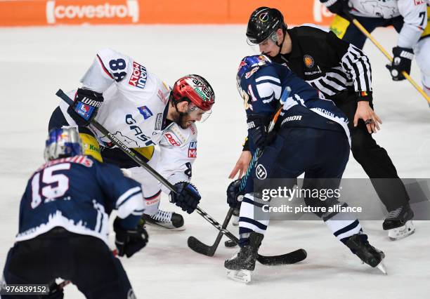 April 2018, Germany, Munich: Ice hockey, German Ice Hockey League , EHC Red Bull Munich vs Eisbaeren Berlin, championship match, finals at the...