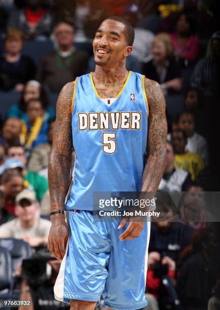 Smith of the Denver Nuggets smiles during a game against the Memphis Grizzlies on March 13, 2010 at FedExForum in Memphis, Tennessee. NOTE TO USER:...