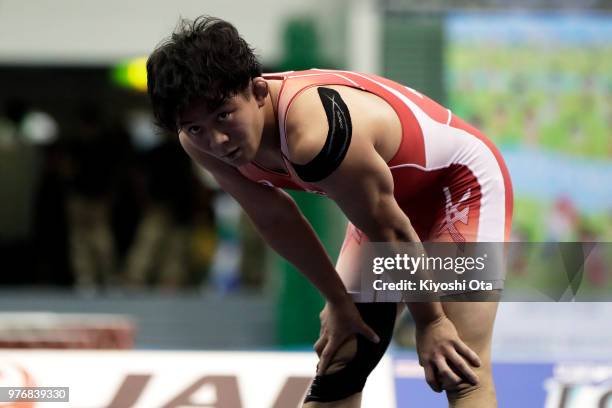 Rei Higuchi reacts after losing the Men's Freestyle 65kg final match against Takuto Otoguro on day four of the All Japan Wrestling Invitational...