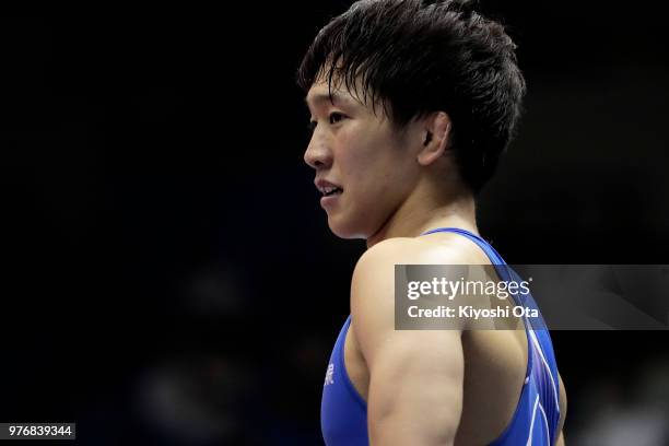 Takuto Otoguro reacts after winning the Men's Freestyle 65kg final match against Rei Higuchi on day four of the All Japan Wrestling Invitational...