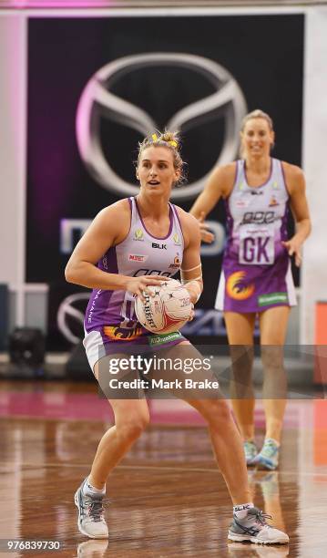 Gabi Simpson of the Firebirds during the round seven Super Netball match between the Thunderbirds and the Firebirds at Priceline Stadium on June 17,...