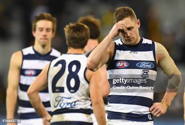 Joel Selwood of the Cats looks dejected after losing the round 13 AFL match between the Geelong Cats and the Richmond Tigers at Melbourne Cricket...