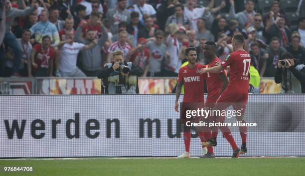 April 2018, Germany, Berlin: Soccer, Bundesliga, Hertha BSC vs 1. FC Cologne at the Olympia stadium: Cologne's Leonardo Bittencourt celebrates his...