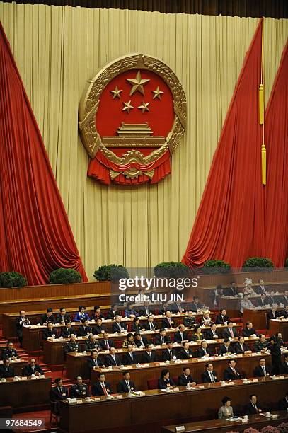 Delegates cast their votes during the closing session of the National People's Congress at the Great Hall of the People in Beijing on March 14, 2010....