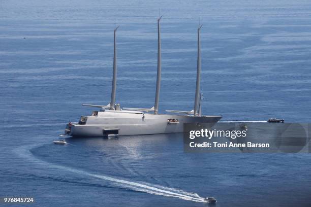 The super sailboat A the largest sailing yacht in the world of Russian billionaire Andrei Melnichenko sails in front of Monaco dhuring the opening...
