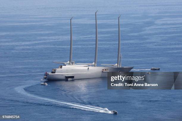 The super sailboat A the largest sailing yacht in the world of Russian billionaire Andrei Melnichenko sails in front of Monaco dhuring the opening...
