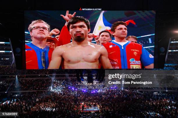 Manny Pacquiao of the Philippines in the ring before taking on Joshua Clottey of Ghana during the WBO welterweight title fight at Cowboys Stadium on...
