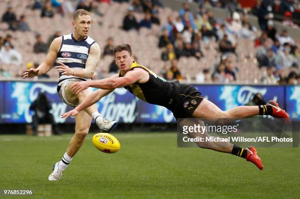 Joel Selwood of the Cats has his kick smothered by Jack Higgins of the Tigers during the 2018 AFL round 13 match between the Geelong Cats and the...