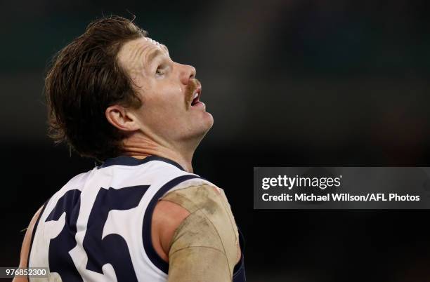 Patrick Dangerfield of the Cats looks on during the 2018 AFL round 13 match between the Geelong Cats and the Richmond Tigers at the Melbourne Cricket...