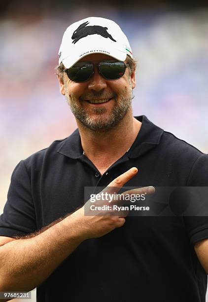 Russell Crowe looks on before the round one NRL match between the South Sydney Rabbitohs and the Sydney Roosters at ANZ Stadium on March 14, 2010 in...