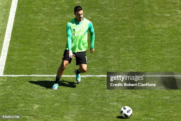 Jamie MacLaren of Australia trains during an Australia Socceroos training session at Stadium Trudovye Rezervy on June 17, 2018 in Kazan, Russia.