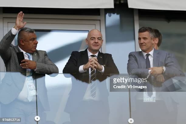 President of the Argentina FA Claudio Tapia, FIFA, president Gianni Infantino, president of the Icelandic FA Gudni Bergsson during the 2018 FIFA...