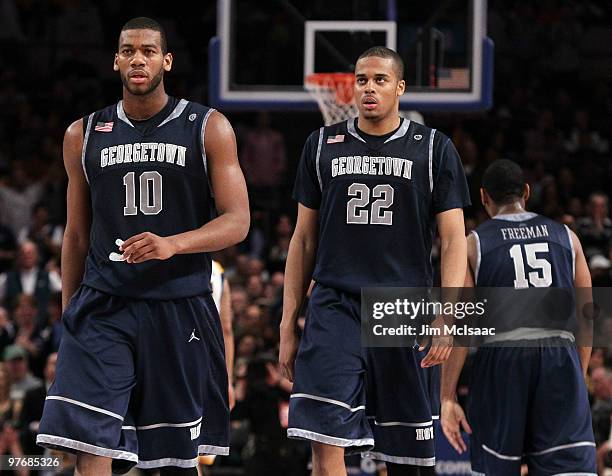 Greg Monroe and Julian Vaughn of the Georgetown Hoyas look on during the championship of the 2010 NCAA Big East Tournament at Madison Square Garden...