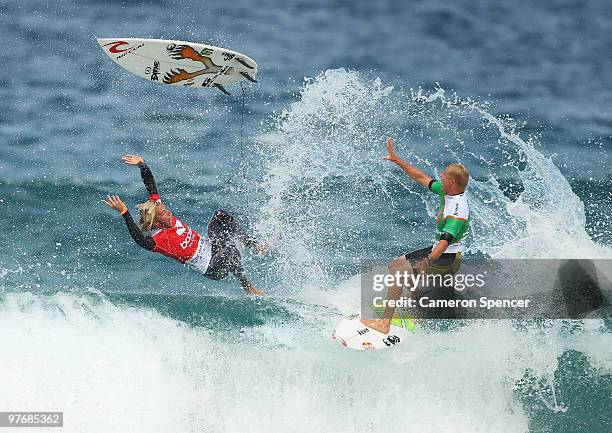 Owen Wright of Australia avoids a collision with Mick Fanning of Australia during the final of the Boost Bondi Beach SurfSho at Bondi Beach on March...