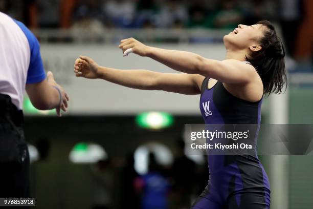 Yui Susaki reacts after winning the Women's 50kg final match against Yuki Irie on day four of the All Japan Wrestling Invitational Championships at...